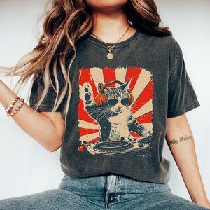 Cool DJ Cat Graphic T-Shirt | Funny Cat with Headphones Tee